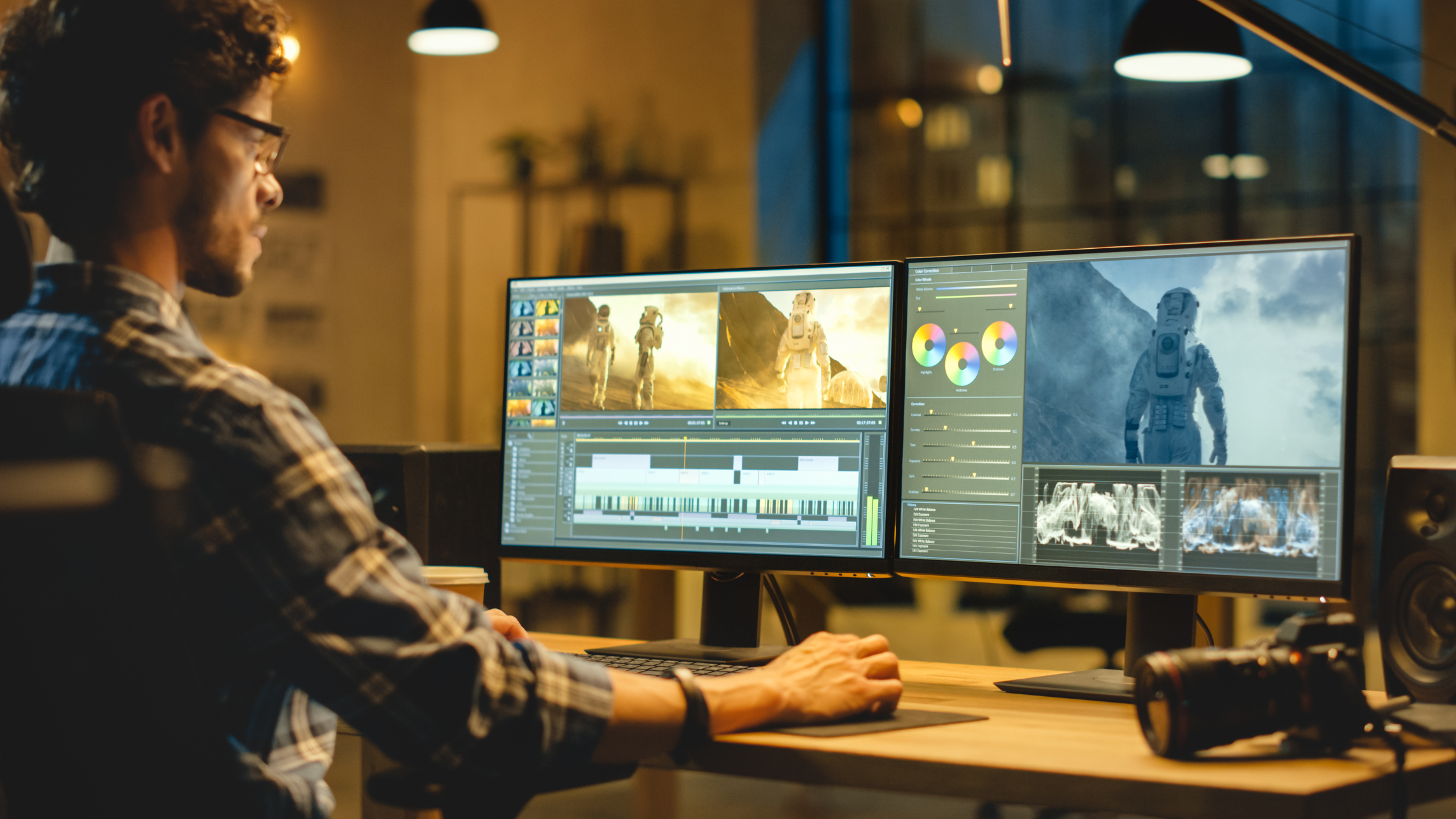 A boy working on a video editing project on his desktop