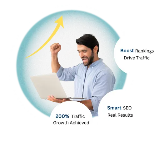 Professional woman working on a laptop with upward graph showing website growth and SEO success