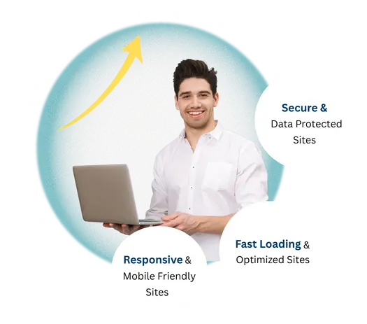 Professional woman working on a laptop with upward graph showing website growth and SEO success